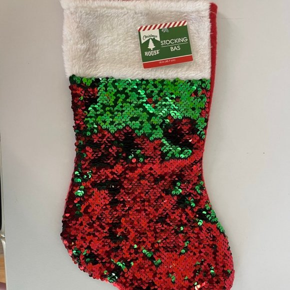 NWT Christmas House Red & Green Sequin Stocking White Trim, Felt Back - Picture 4 of 6